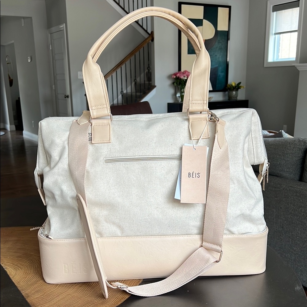 NEW BEIS Cream and Tan Weekender Travel Bag
